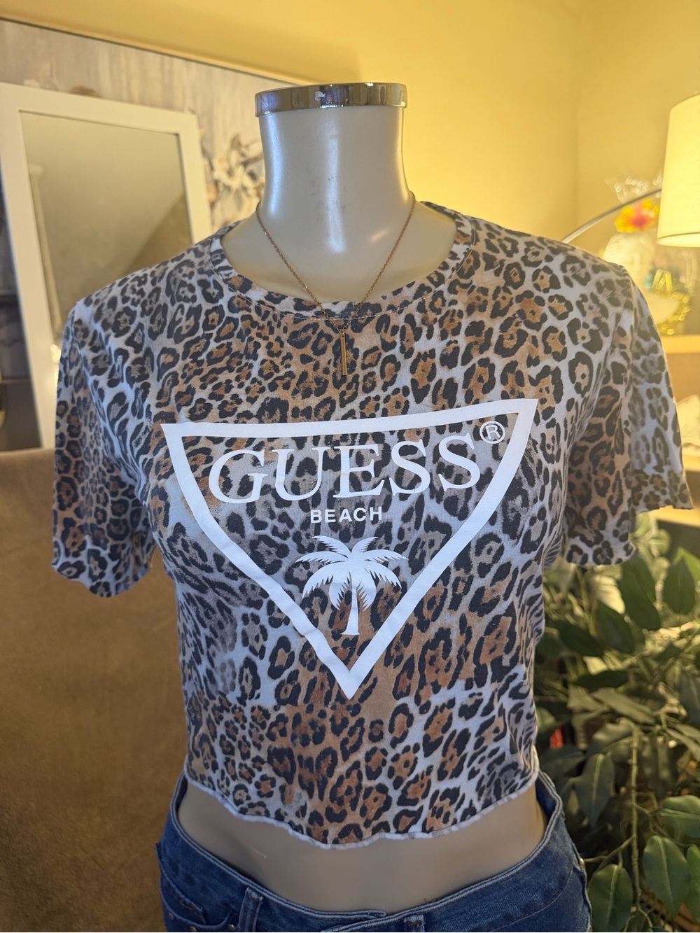 GUESS Beach Leopard Print Logo Crop Top Shirt Size XS